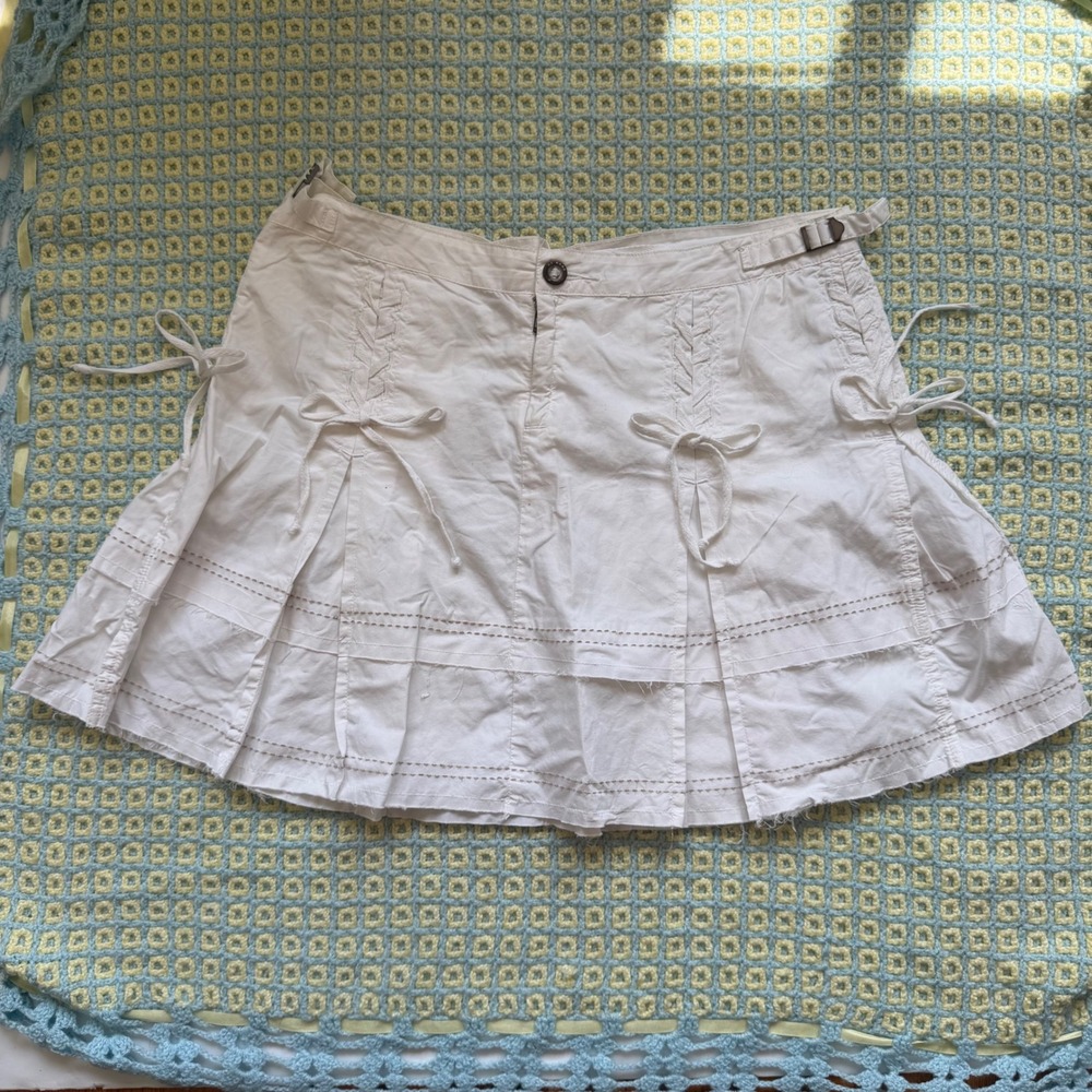 Da-Nang White 100% Cotton Mini Skirt Y2K Boho Coquette Lace Up Bows